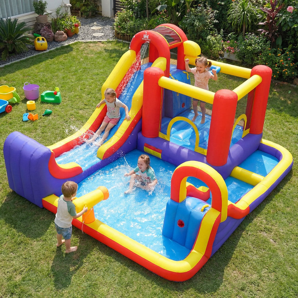 Castillo hinchable 7 en 1 para exteriores con dos toboganes, piscina infantil y pared de escalada