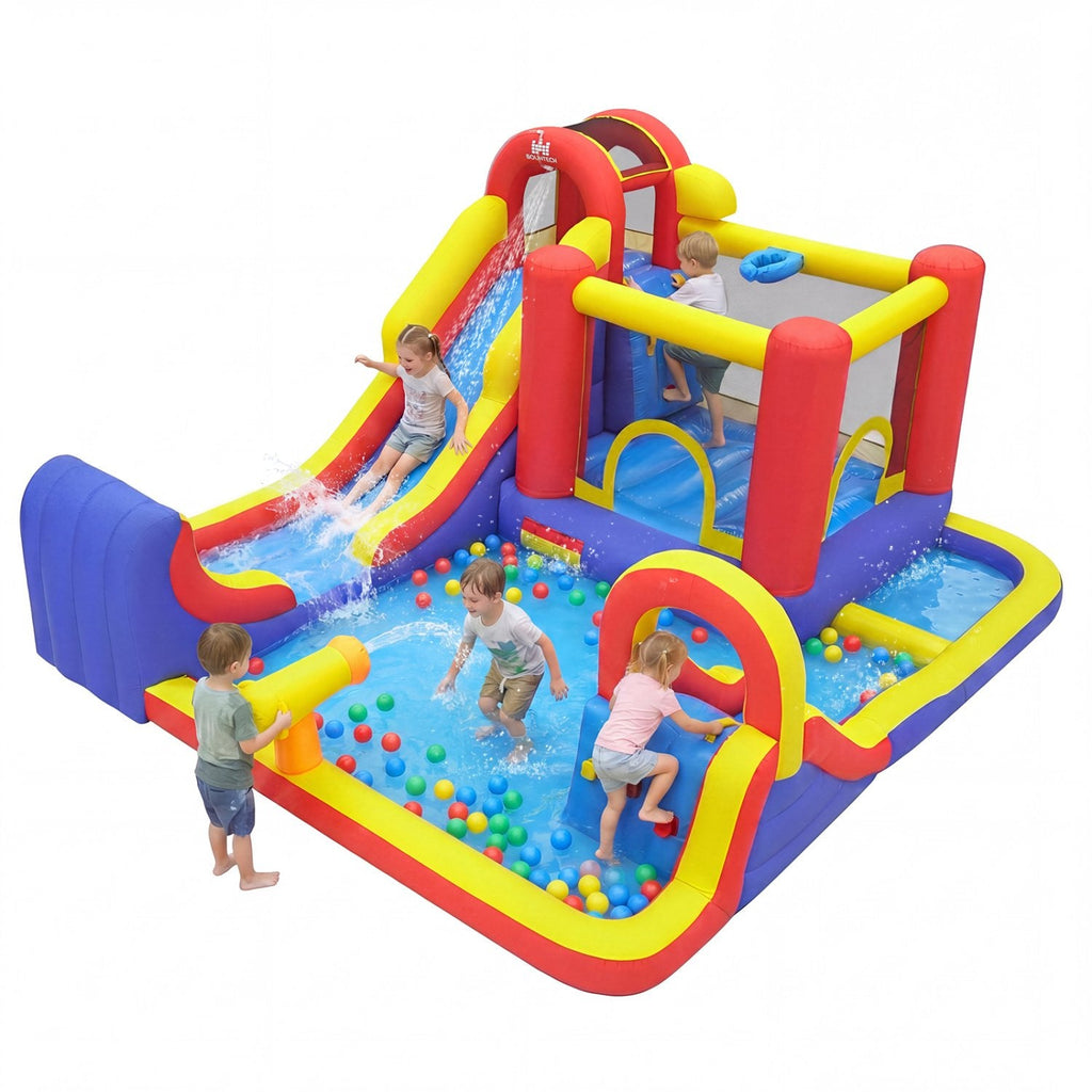 Castillo hinchable 7 en 1 para exteriores con dos toboganes, piscina infantil y pared de escalada