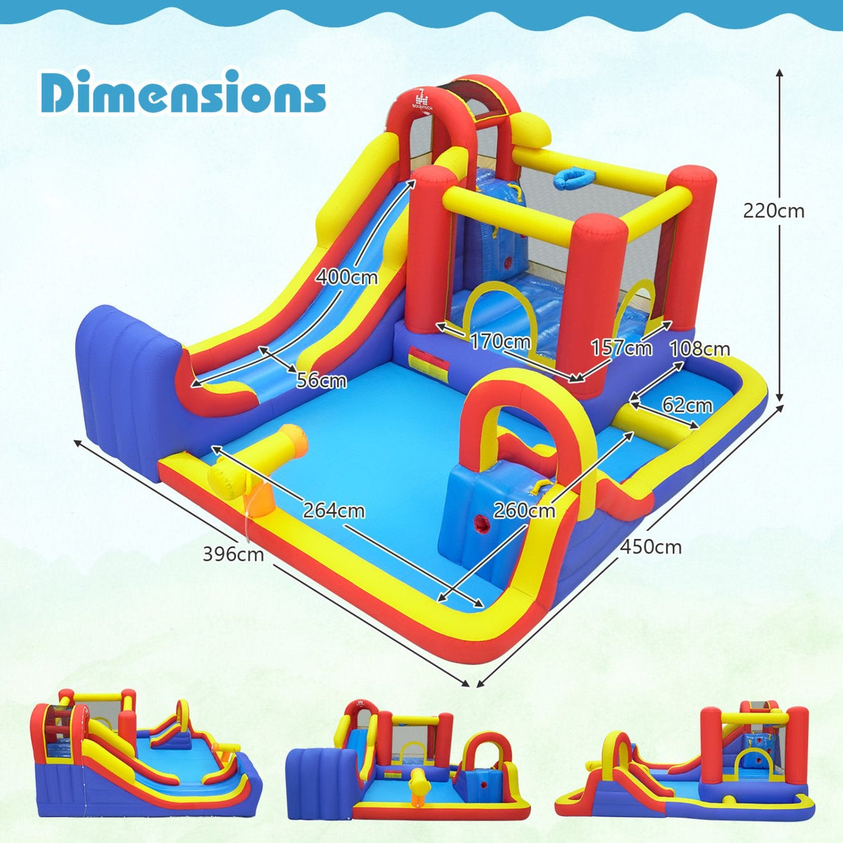 Castillo hinchable 7 en 1 para exteriores con dos toboganes, piscina infantil y pared de escalada