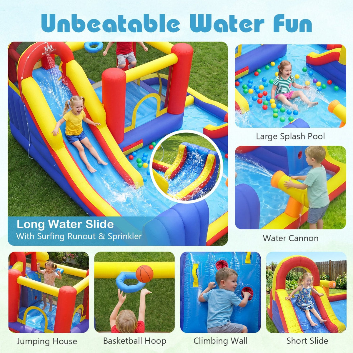 Castillo hinchable 7 en 1 para exteriores con dos toboganes, piscina infantil y pared de escalada
