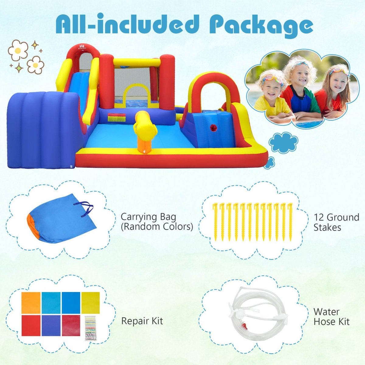 Castillo hinchable 7 en 1 para exteriores con dos toboganes, piscina infantil y pared de escalada