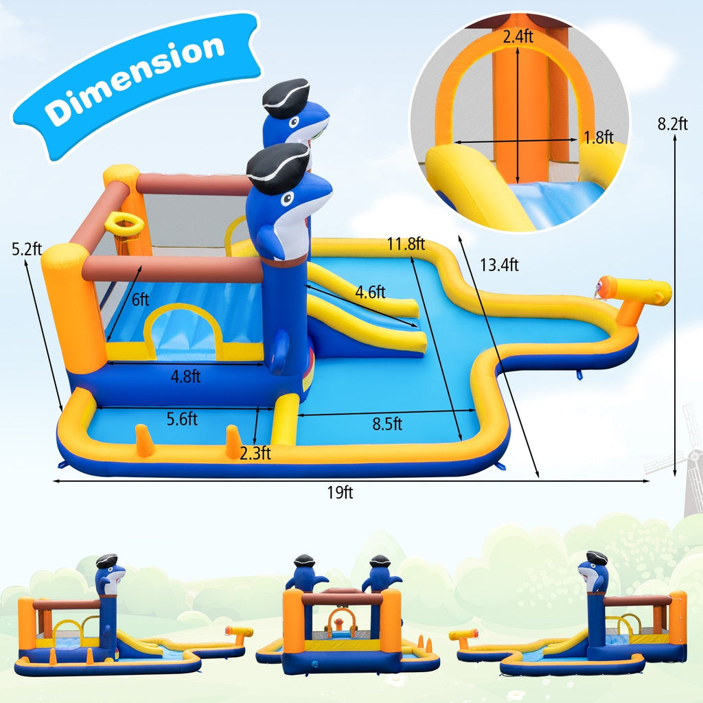Parc aquatique 7-en-1 sur le thème des requins avec jeu de boxe, piscine à balles et souffleur inclus