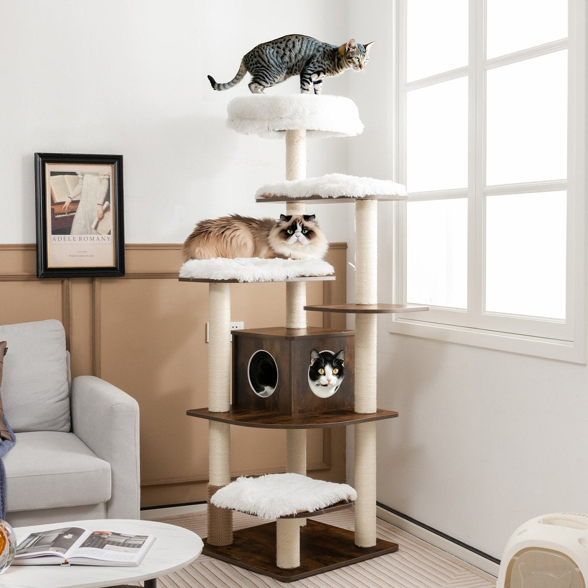 Arbre à chat en bois à sept niveaux de 71 pouces avec condo à deux entrées et brosse de toilettage