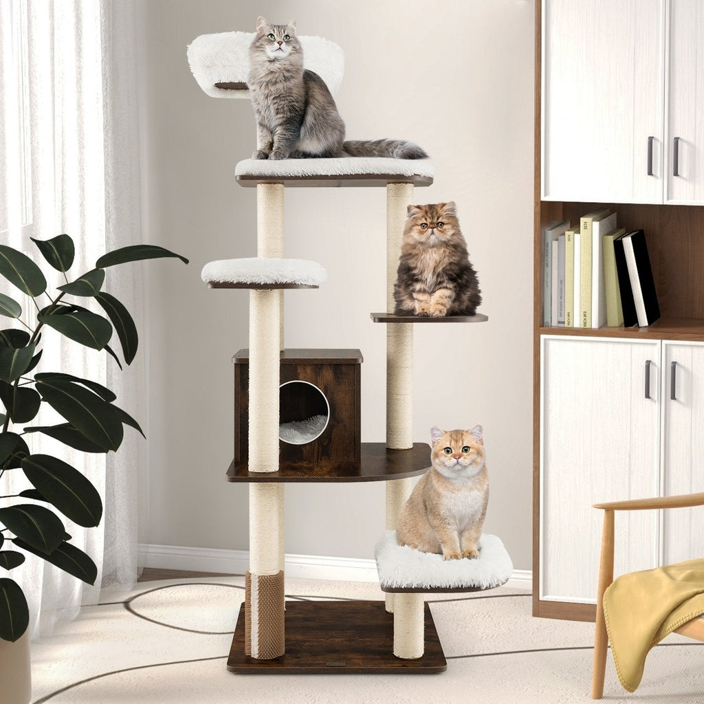 Arbre à chat en bois à sept niveaux de 71 pouces avec condo à deux entrées et brosse de toilettage