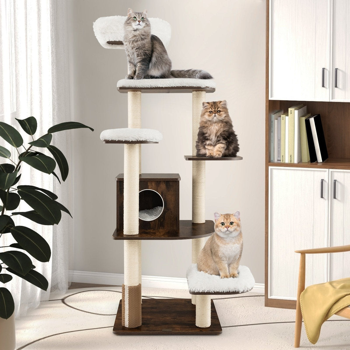 Arbre à chat en bois à sept niveaux de 71 pouces avec condo à deux entrées et brosse de toilettage