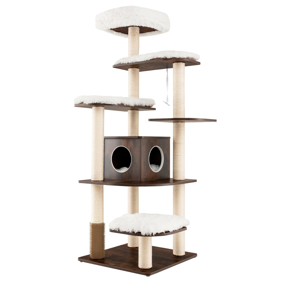 Arbre à chat en bois à sept niveaux de 71 pouces avec condo à deux entrées et brosse de toilettage