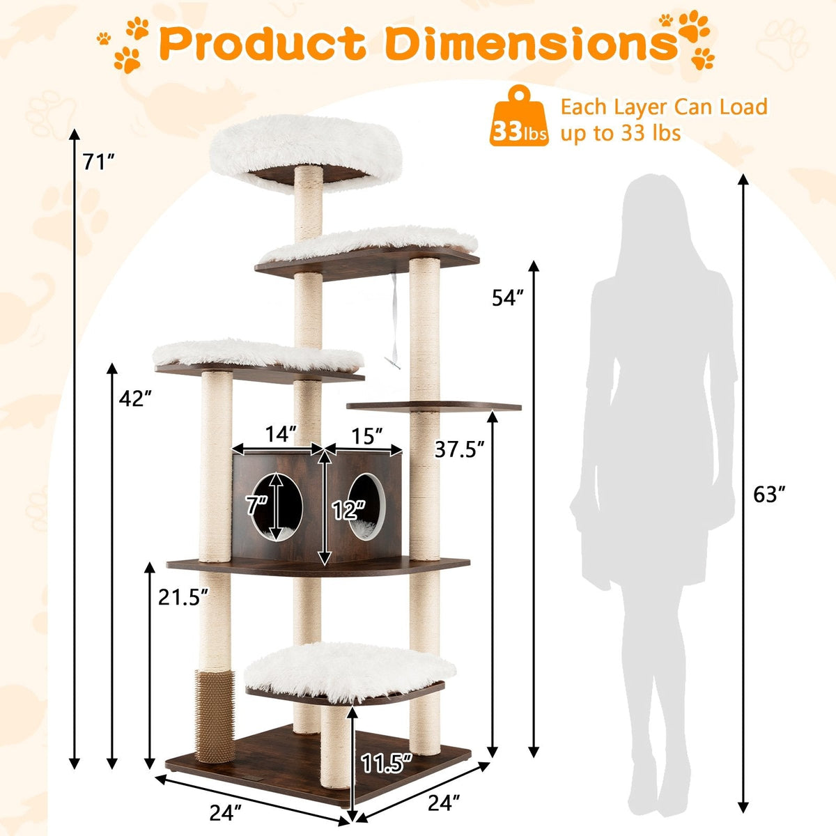 Arbre à chat en bois à sept niveaux de 71 pouces avec condo à deux entrées et brosse de toilettage