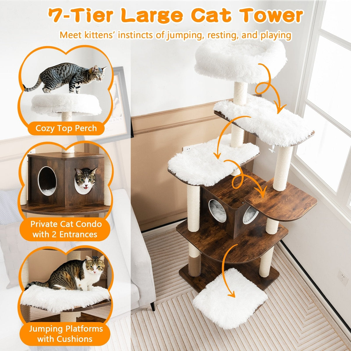 Arbre à chat en bois à sept niveaux de 71 pouces avec condo à deux entrées et brosse de toilettage