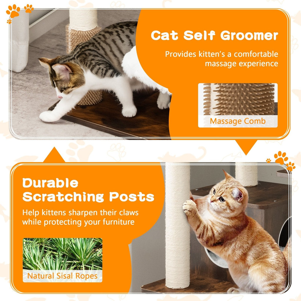 Arbre à chat en bois à sept niveaux de 71 pouces avec condo à deux entrées et brosse de toilettage