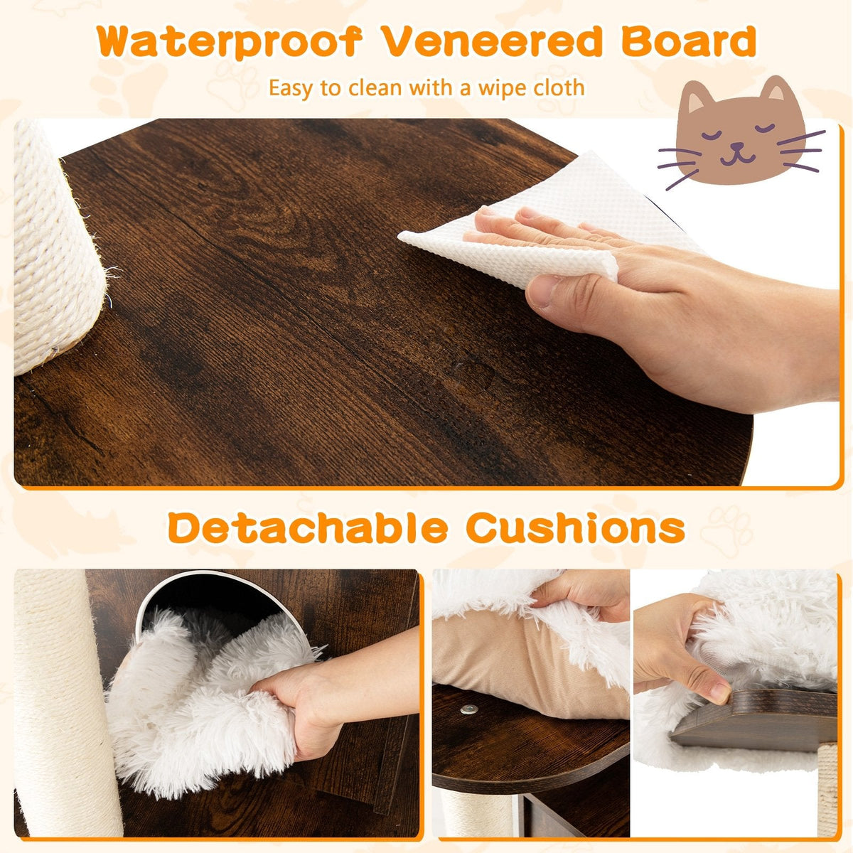Arbre à chat en bois à sept niveaux de 71 pouces avec condo à deux entrées et brosse de toilettage
