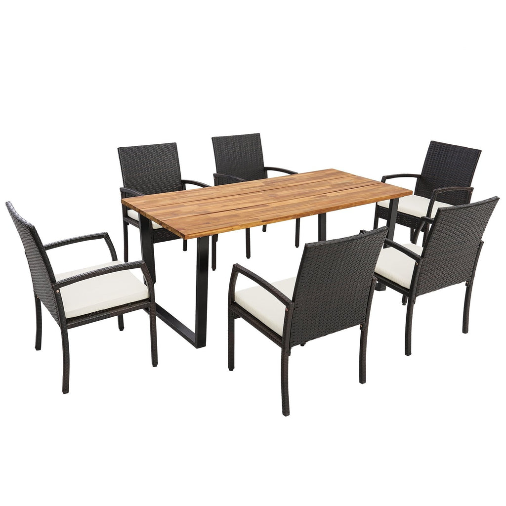 7-teilige Rattan-Essgruppe für 6 Personen, 175 cm breiter Tisch mit Akazienholzplatte und sechs Sesseln, bis zu 181 kg belastbar