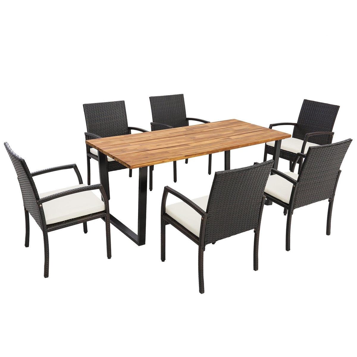 7-teilige Rattan-Essgruppe für 6 Personen, 175 cm breiter Tisch mit Akazienholzplatte und sechs Sesseln, bis zu 181 kg belastbar