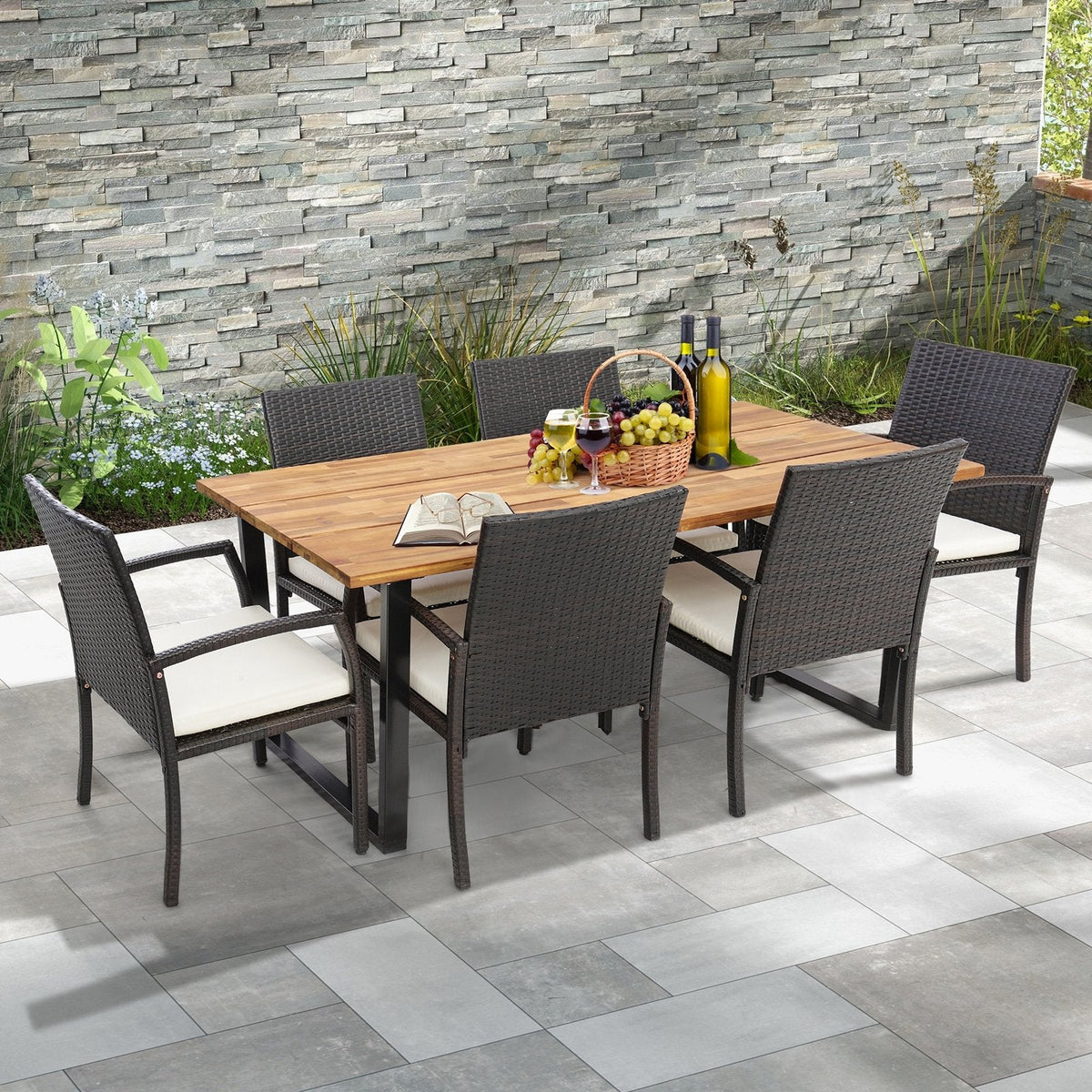 7-teilige Rattan-Essgruppe für 6 Personen, 175 cm breiter Tisch mit Akazienholzplatte und sechs Sesseln, bis zu 181 kg belastbar
