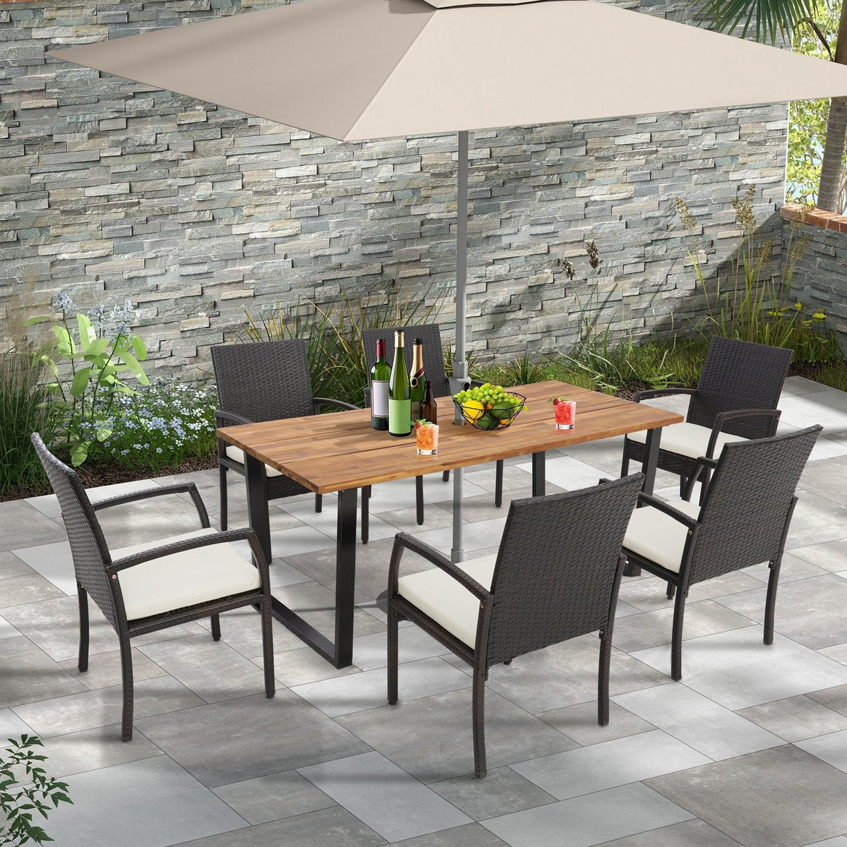 7-teilige Rattan-Essgruppe für 6 Personen, 175 cm breiter Tisch mit Akazienholzplatte und sechs Sesseln, bis zu 181 kg belastbar