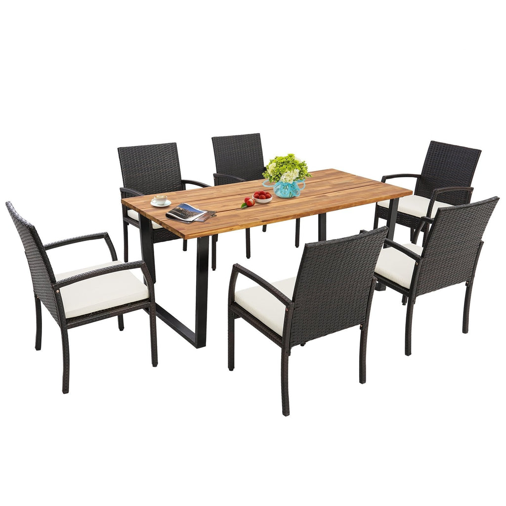 7-teilige Rattan-Essgruppe für 6 Personen, 175 cm breiter Tisch mit Akazienholzplatte und sechs Sesseln, bis zu 181 kg belastbar