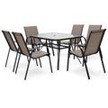 Ensemble de salle à manger de jardin 7 pièces pour 6 personnes, table en verre trempé de 55 pouces et six chaises empilables à dossier haut avec assise et dossier en toile, marron