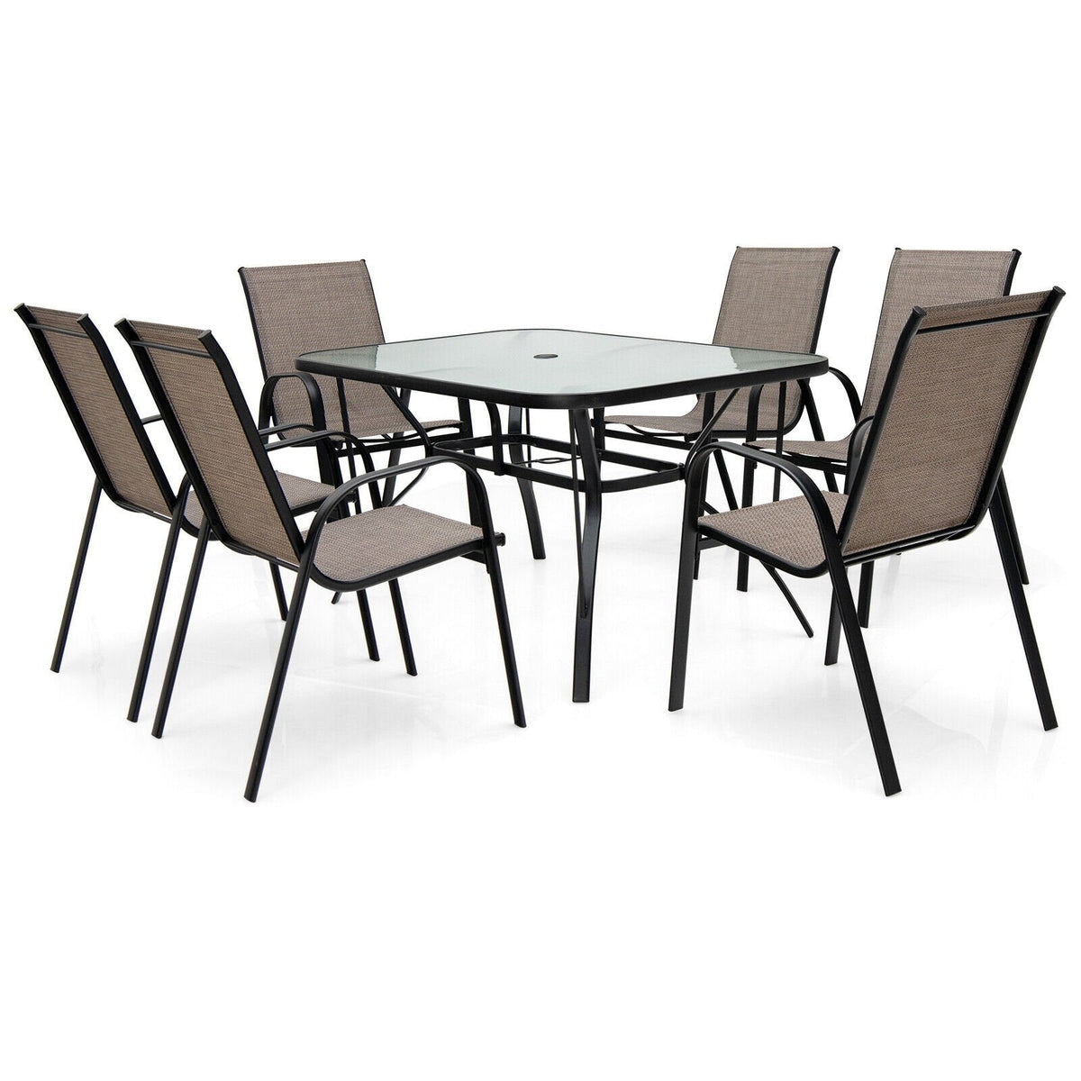 Ensemble de salle à manger de jardin 7 pièces pour 6 personnes, table en verre trempé de 55 pouces et six chaises empilables à dossier haut avec assise et dossier en toile, marron
