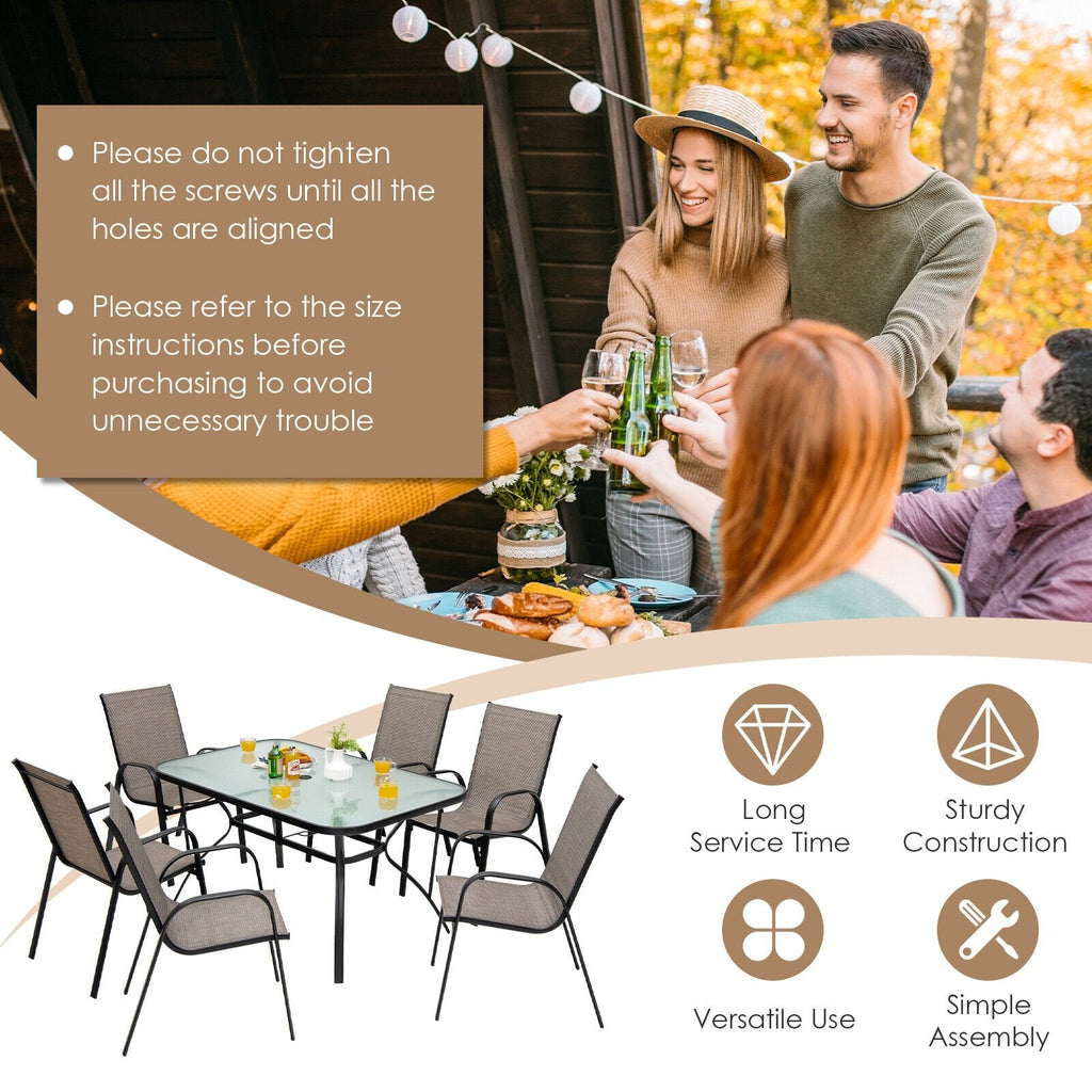 Ensemble de salle à manger de jardin 7 pièces pour 6 personnes, table en verre trempé de 55 pouces et six chaises empilables à dossier haut avec assise et dossier en toile, marron