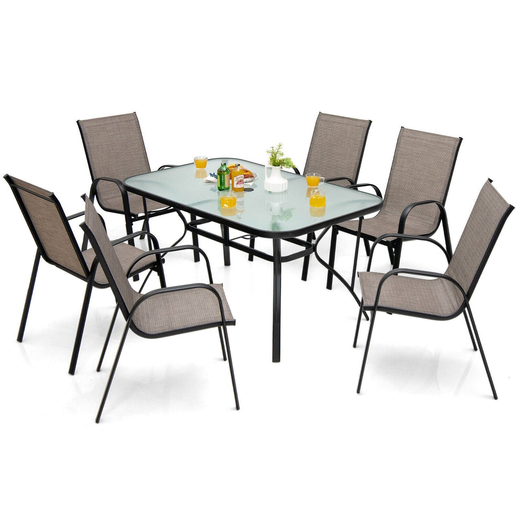 Ensemble de salle à manger de jardin 7 pièces pour 6 personnes, table en verre trempé de 55 pouces et six chaises empilables à dossier haut avec assise et dossier en toile, marron