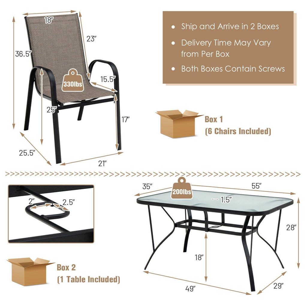 Ensemble de salle à manger de jardin 7 pièces pour 6 personnes, table en verre trempé de 55 pouces et six chaises empilables à dossier haut avec assise et dossier en toile, marron