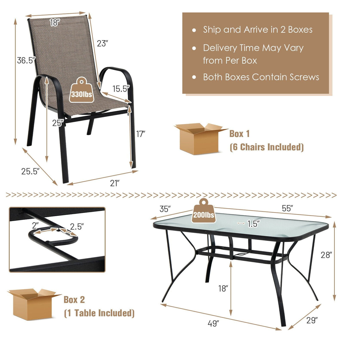 Ensemble de salle à manger de jardin 7 pièces pour 6 personnes, table en verre trempé de 55 pouces et six chaises empilables à dossier haut avec assise et dossier en toile, marron