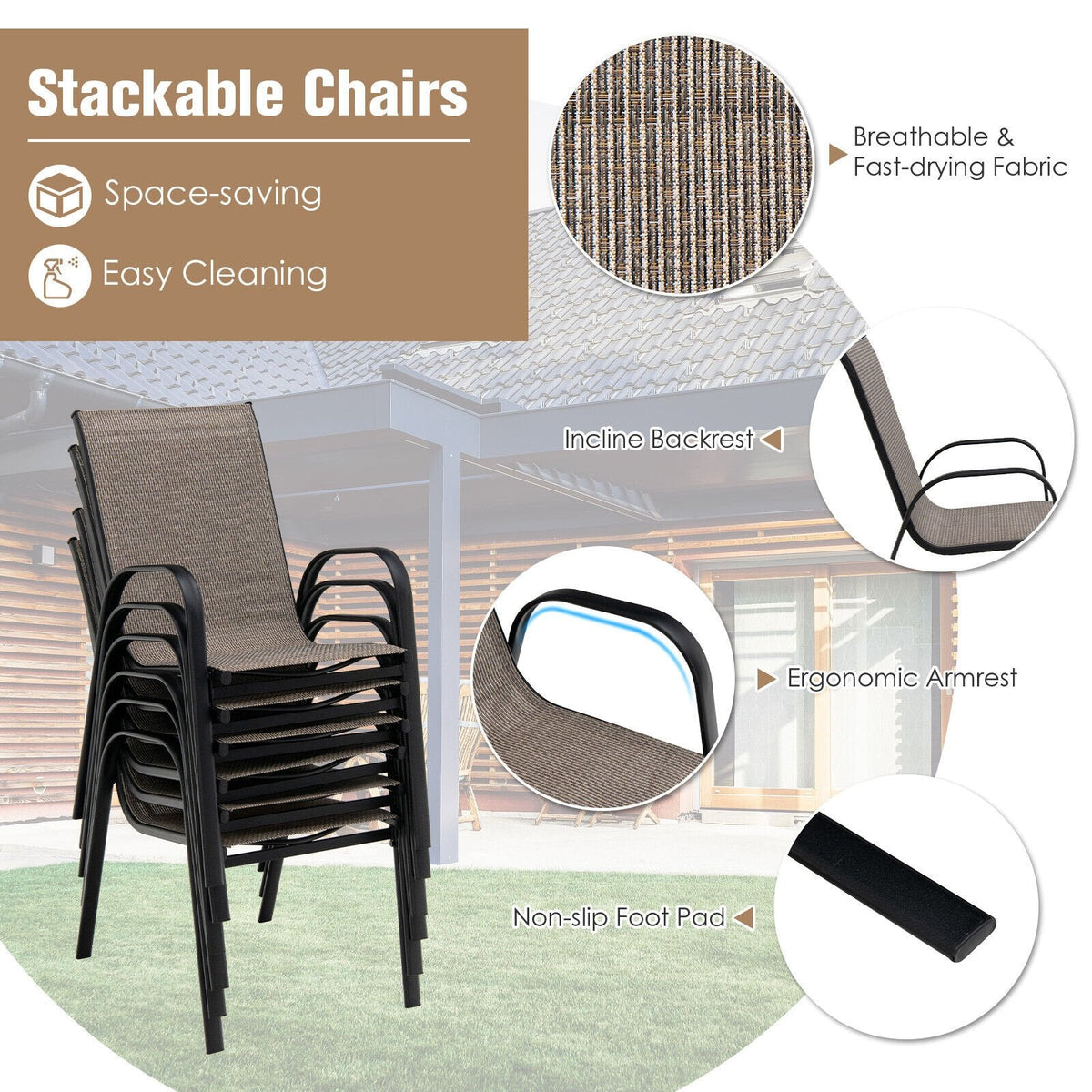 Ensemble de salle à manger de jardin 7 pièces pour 6 personnes, table en verre trempé de 55 pouces et six chaises empilables à dossier haut avec assise et dossier en toile, marron