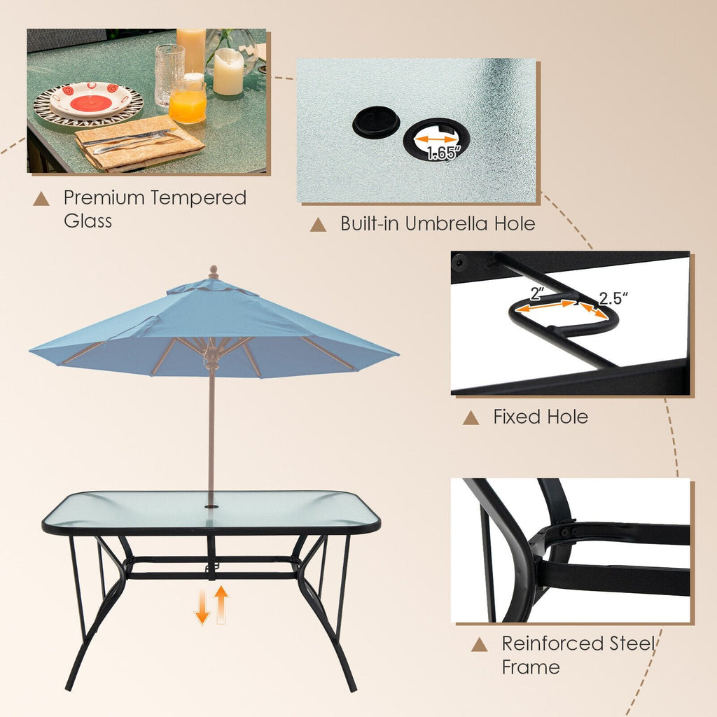 Ensemble de salle à manger de jardin 7 pièces pour 6 personnes, table en verre trempé de 55 pouces et six chaises empilables à dossier haut avec assise et dossier en toile, marron