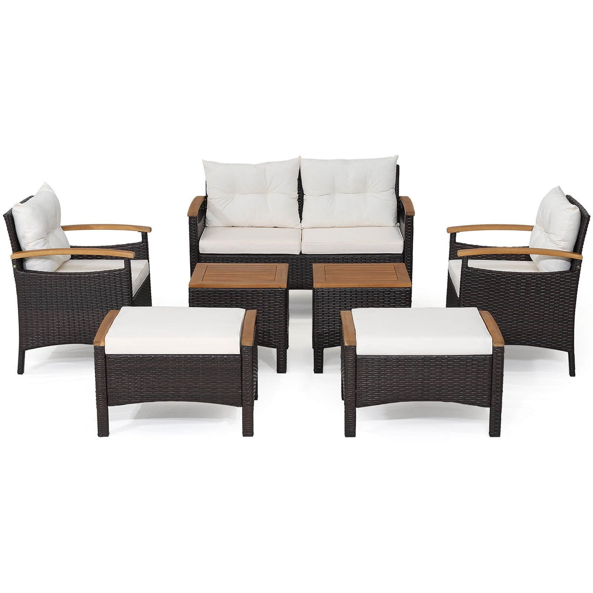 Salon de jardin en osier 7 pièces avec accoudoirs en acacia, 2 poufs et 2 tables d'appoint, blanc cassé