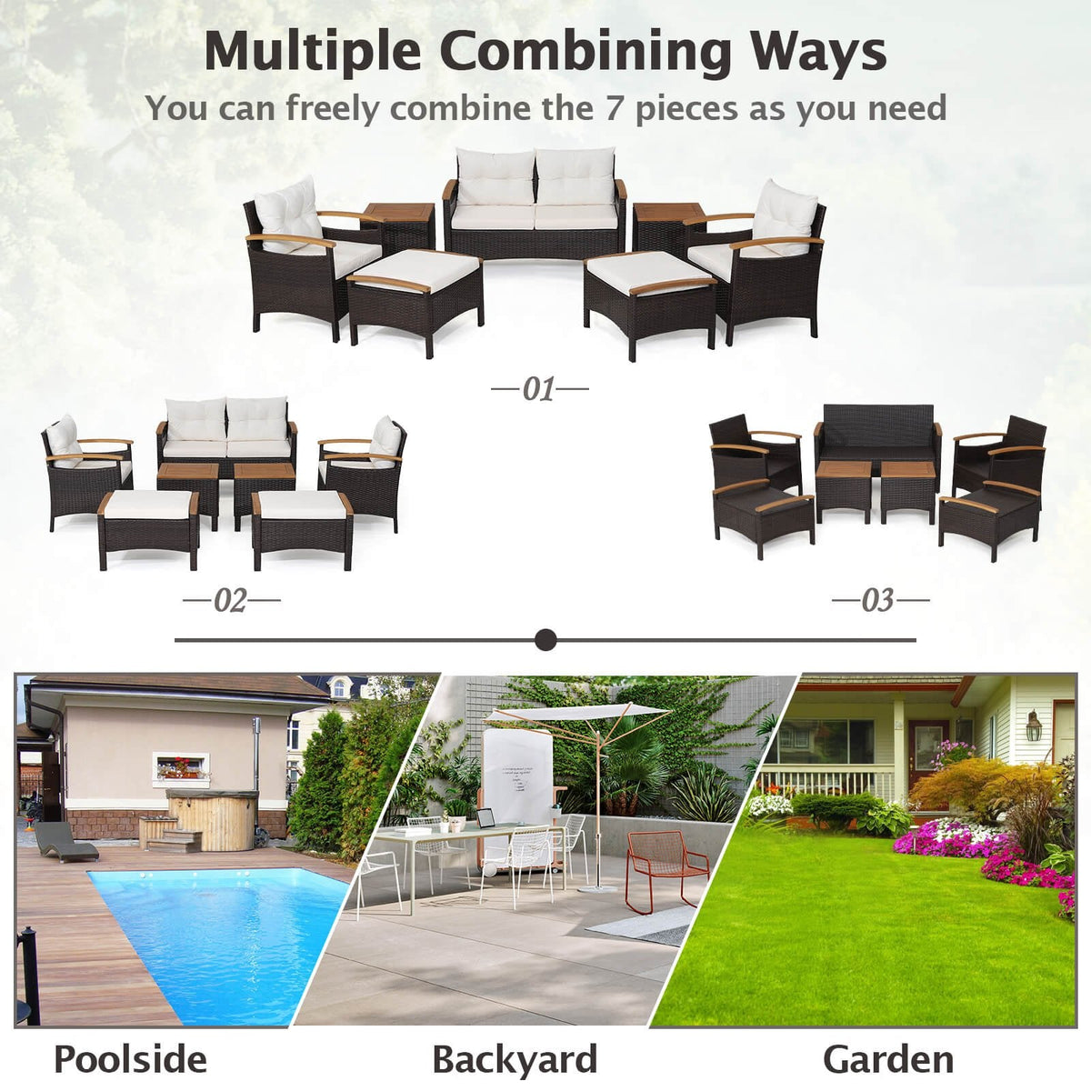 Salon de jardin en osier 7 pièces avec accoudoirs en acacia, 2 poufs et 2 tables d'appoint, blanc cassé