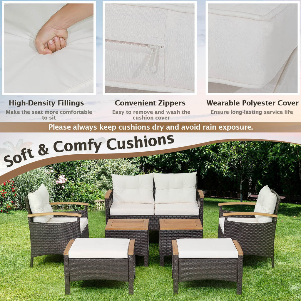 Salon de jardin en osier 7 pièces avec accoudoirs en acacia, 2 poufs et 2 tables d'appoint, blanc cassé