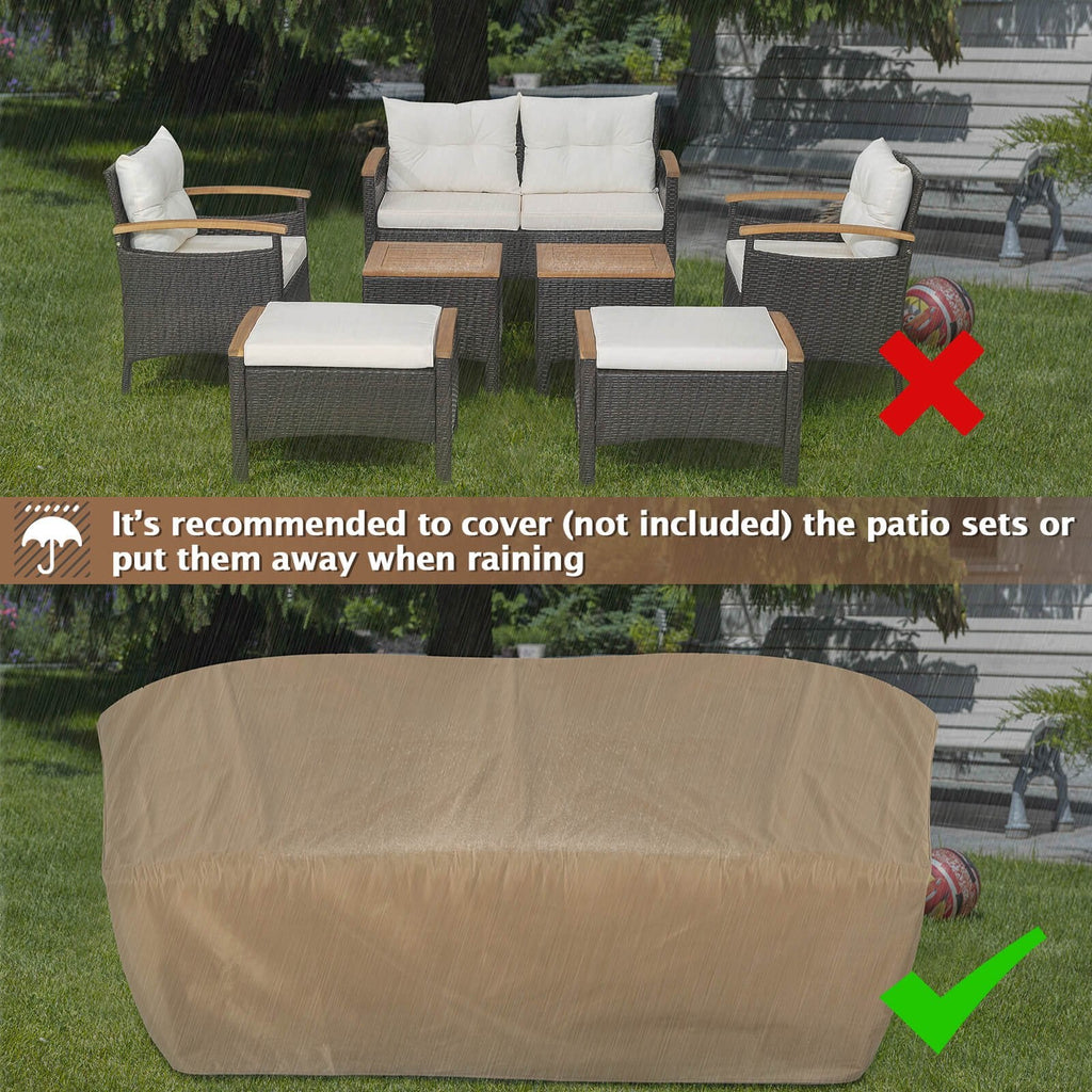 Salon de jardin en osier 7 pièces avec accoudoirs en acacia, 2 poufs et 2 tables d'appoint, blanc cassé