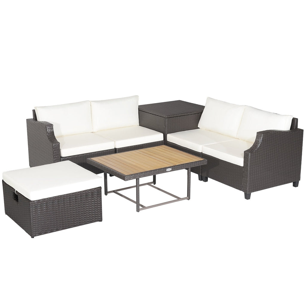 Salon de jardin en résine tressée 7 pièces avec pouf coffre de rangement de 50 gallons et table relevable en acacia à deux hauteurs, crème