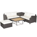Salon de jardin en résine tressée 7 pièces avec pouf coffre de rangement de 50 gallons et table relevable en acacia à deux hauteurs, crème