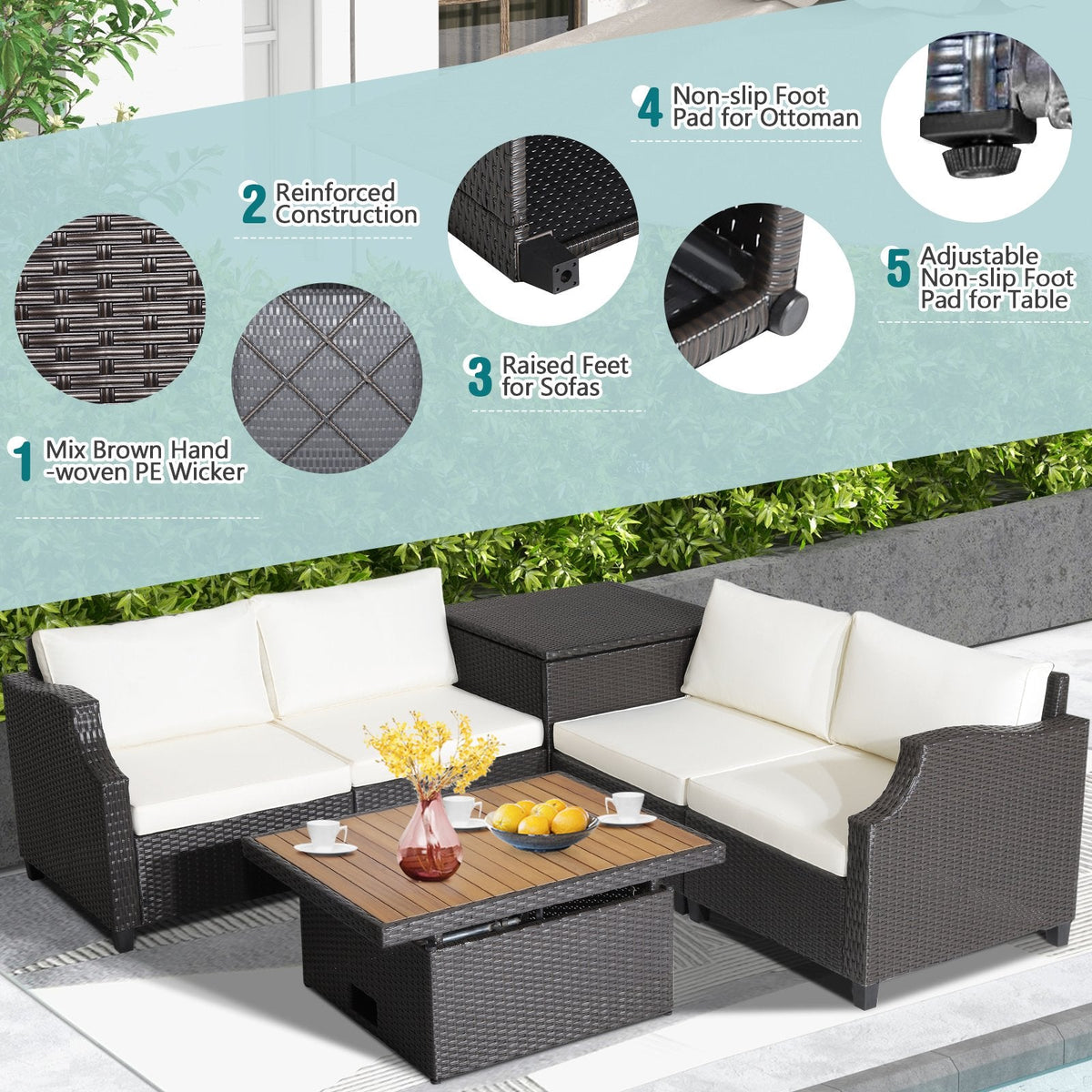 Salon de jardin en résine tressée 7 pièces avec pouf coffre de rangement de 50 gallons et table relevable en acacia à deux hauteurs, crème