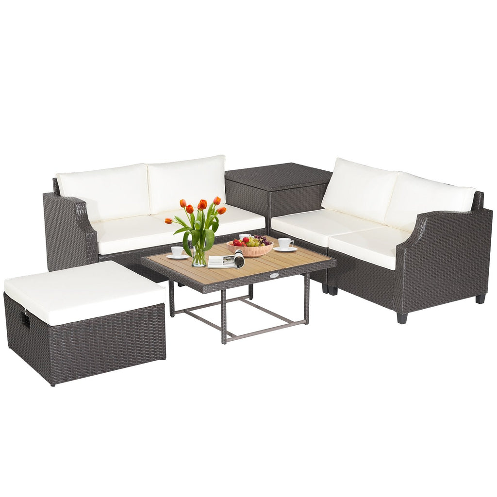 Salon de jardin en résine tressée 7 pièces avec pouf coffre de rangement de 50 gallons et table relevable en acacia à deux hauteurs, crème