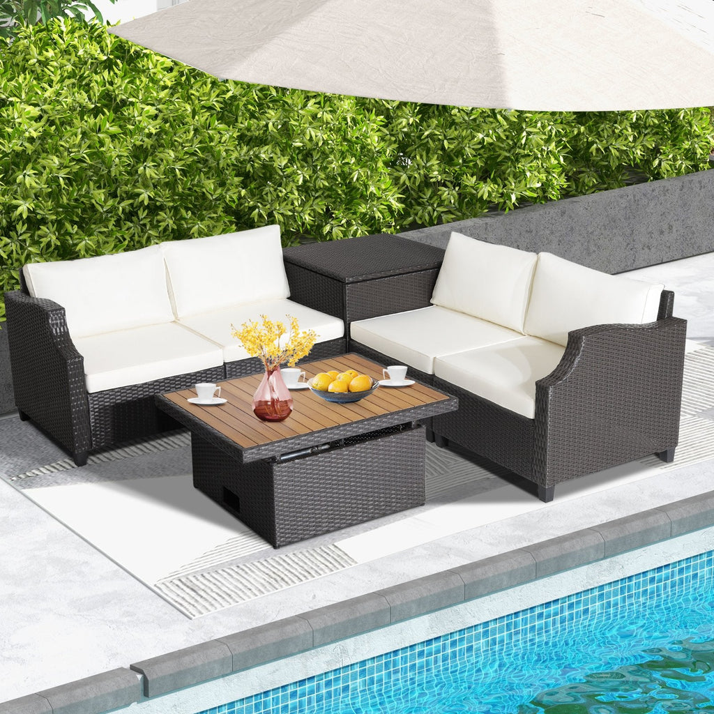 Salon de jardin en résine tressée 7 pièces avec pouf coffre de rangement de 50 gallons et table relevable en acacia à deux hauteurs, crème