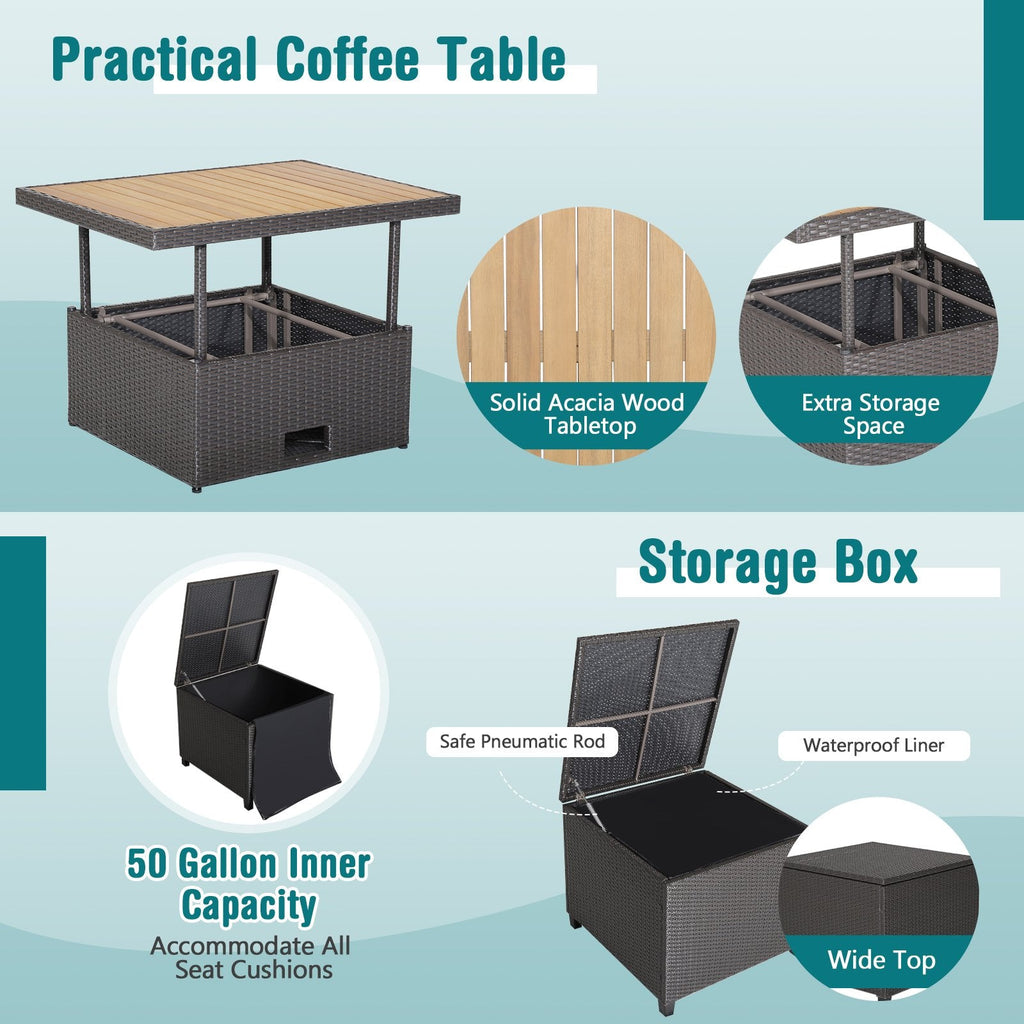 Salon de jardin en résine tressée 7 pièces avec pouf coffre de rangement de 50 gallons et table relevable en acacia à deux hauteurs, crème