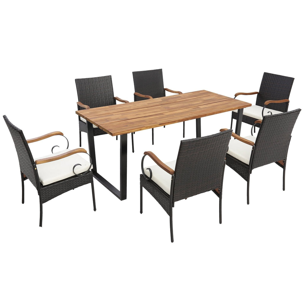 7-teilige Rattan-Essgruppe für 6 Personen, 175 cm breiter Tisch mit Akazienholzplatte und sechs Stühlen mit Armlehnen aus Akazienholz