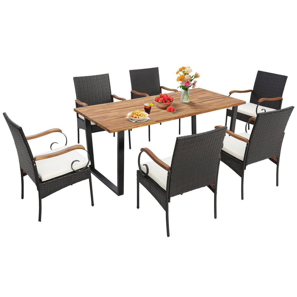 7-teilige Rattan-Essgruppe für 6 Personen, 175 cm breiter Tisch mit Akazienholzplatte und sechs Stühlen mit Armlehnen aus Akazienholz