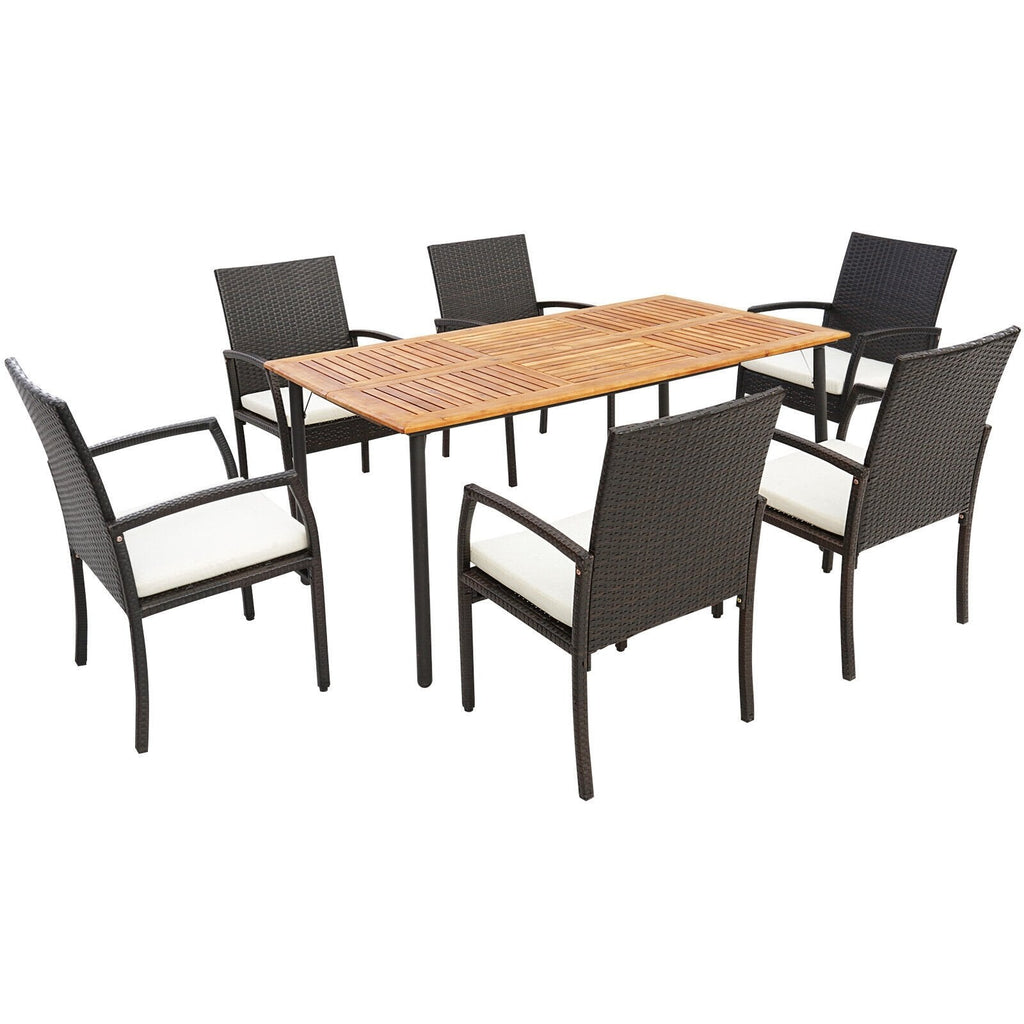 7-teiliges Esszimmer-Set aus Korbgeflecht für 6 Personen, 63 × 36 Zoll großer Akazientisch mit abgerundeten Ecken und sechs Sesseln