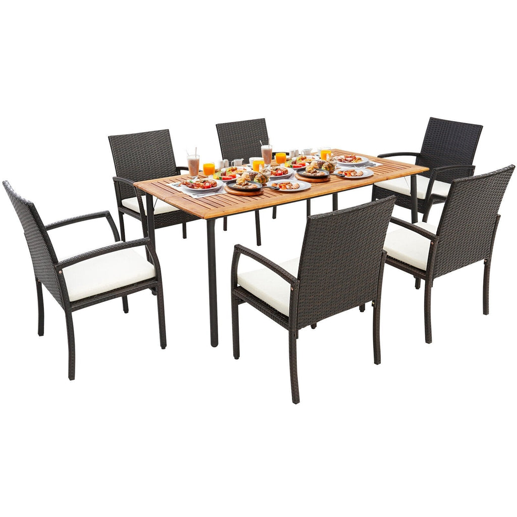7-teiliges Esszimmer-Set aus Korbgeflecht für 6 Personen, 63 × 36 Zoll großer Akazientisch mit abgerundeten Ecken und sechs Sesseln