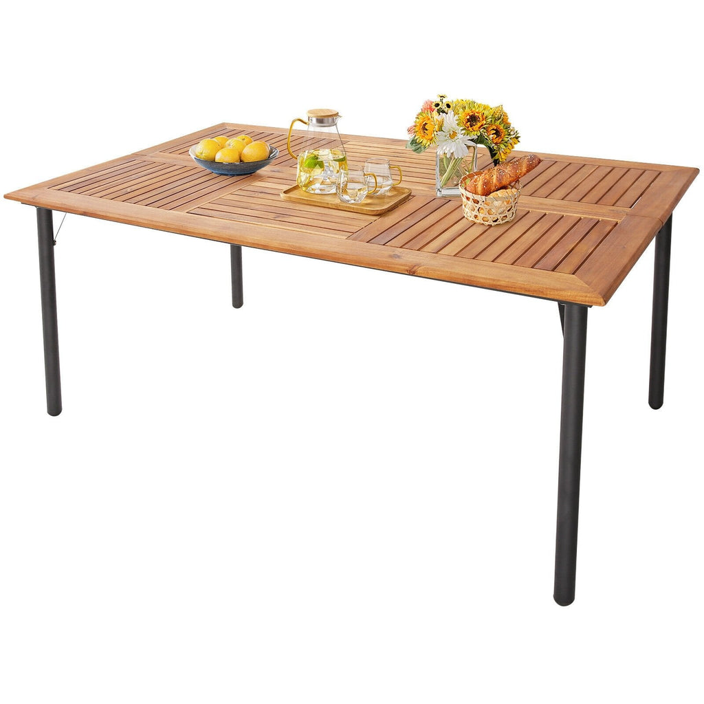 7-teiliges Esszimmer-Set aus Korbgeflecht für 6 Personen, 63 × 36 Zoll großer Akazientisch mit abgerundeten Ecken und sechs Sesseln