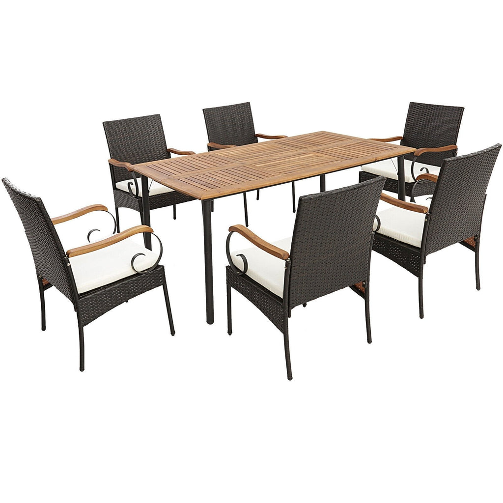 Juego de comedor de patio de mimbre de 7 piezas para 6 personas, mesa de acacia de 63 por 36 pulgadas y seis sillas con reposabrazos de acacia