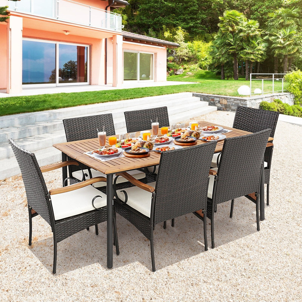 Juego de comedor de patio de mimbre de 7 piezas para 6 personas, mesa de acacia de 63 por 36 pulgadas y seis sillas con reposabrazos de acacia