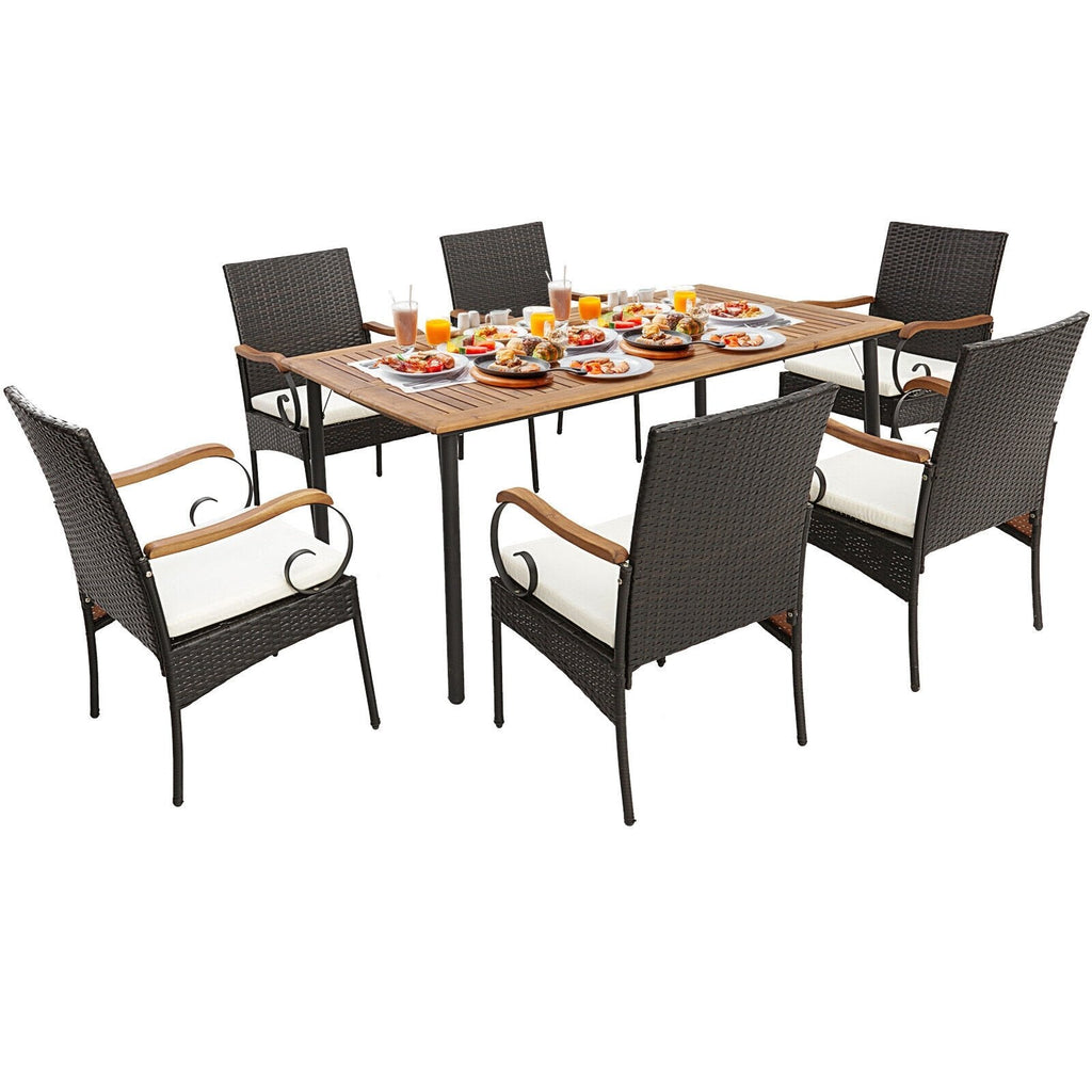 Juego de comedor de patio de mimbre de 7 piezas para 6 personas, mesa de acacia de 63 por 36 pulgadas y seis sillas con reposabrazos de acacia