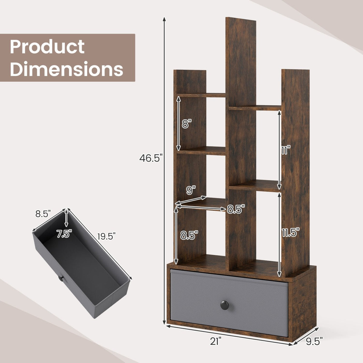 Estantería abierta de 7 niveles con cajón de tela, estante de exhibición estrecho, marrón rústico