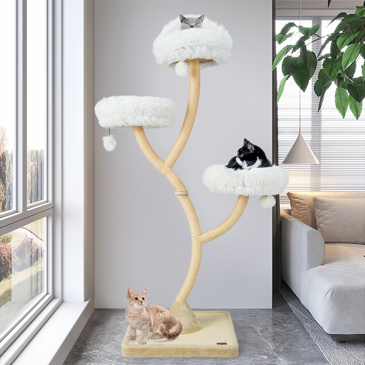 70 Inch Metal Framed Cat Tree with Three Cloud Perches and a Sisal Base Board