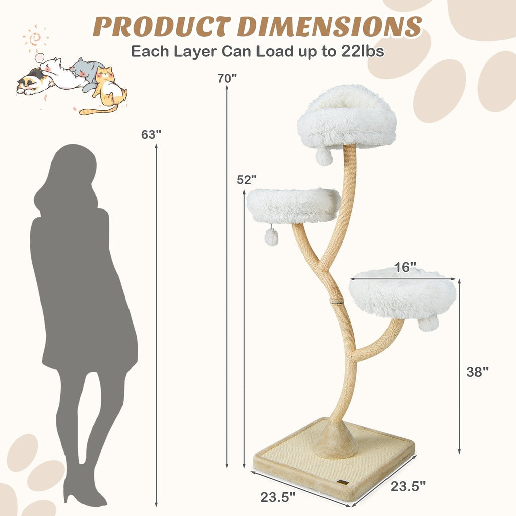 70 Inch Metal Framed Cat Tree with Three Cloud Perches and a Sisal Base Board