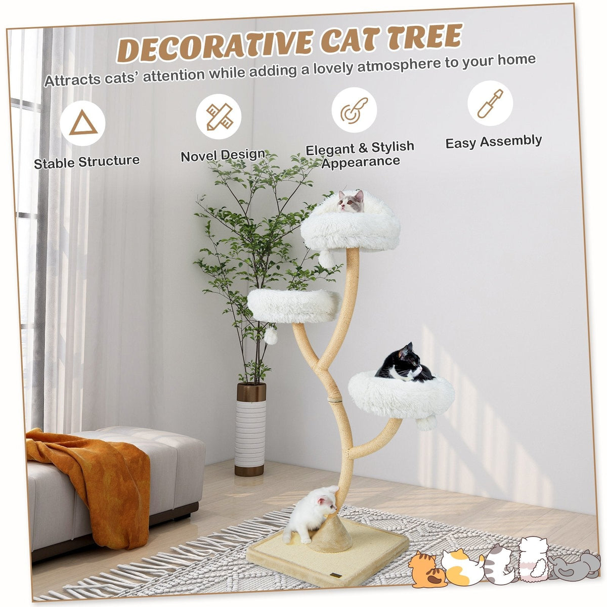 70 Inch Metal Framed Cat Tree with Three Cloud Perches and a Sisal Base Board