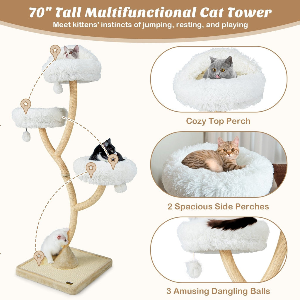 70 Inch Metal Framed Cat Tree with Three Cloud Perches and a Sisal Base Board